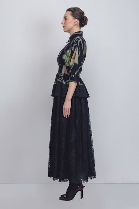 Leh Studios_Black Lace Collared Paron Print Ame Dress _Online_at_Aza_Fashions
