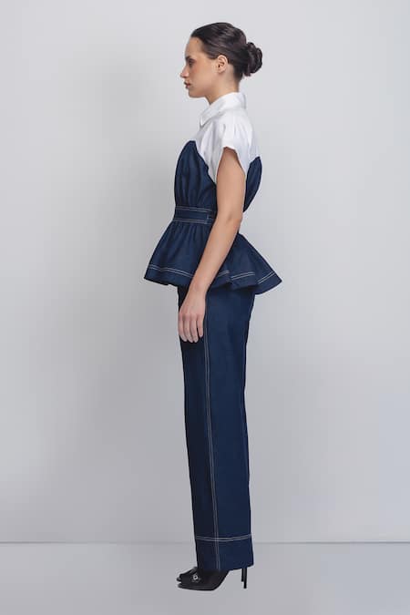 Shop_Leh Studios_Blue Cotton Sweetheart Neck Cup Zipper Top _Online_at_Aza_Fashions