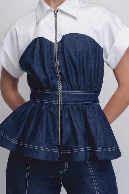 Buy_Leh Studios_Blue Cotton Sweetheart Neck Cup Zipper Top 