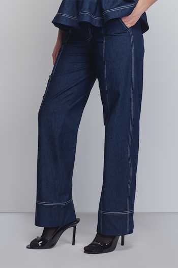 Shop_Leh Studios_Blue Cotton Cup Straight Jeans _Online_at_Aza_Fashions