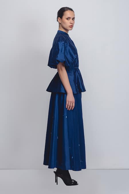 Shop_Leh Studios_Blue Silk, Cotton Embroidery, Sequins, Zari Lara Placement Skirt 