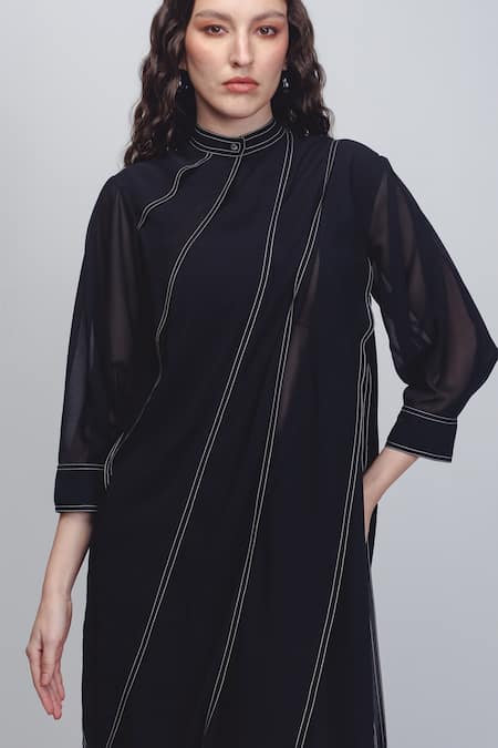 Shop_Leh Studios_Black Viscose, Polyester Mandarin Collar Ascent Pleated Dress _Online_at_Aza_Fashions