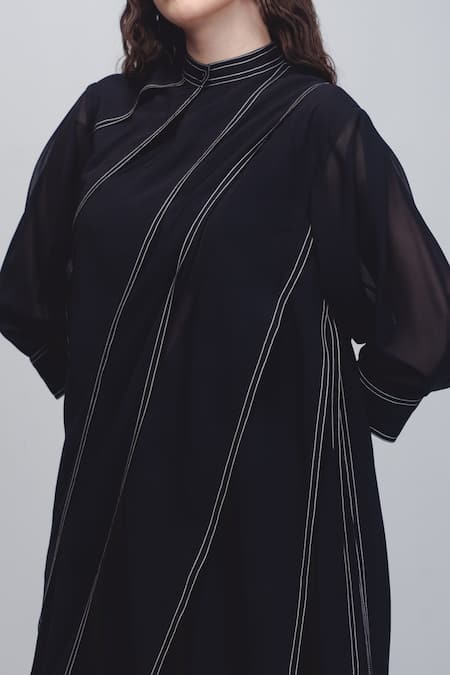 Leh Studios_Black Viscose, Polyester Mandarin Collar Ascent Pleated Dress _at_Aza_Fashions