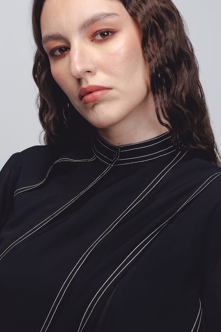 Buy_Leh Studios_Black Viscose, Polyester Mandarin Collar Ascent Pleated Dress 