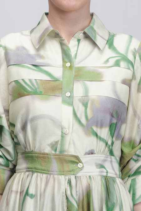 Shop_Leh Studios_Ivory Silk, Cotton Collared Paron Print Pleated Dress _Online_at_Aza_Fashions