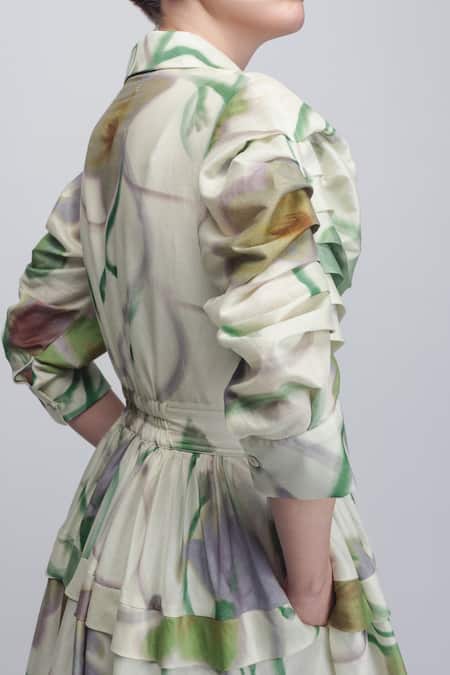 Leh Studios_Ivory Silk, Cotton Collared Paron Print Pleated Dress _at_Aza_Fashions