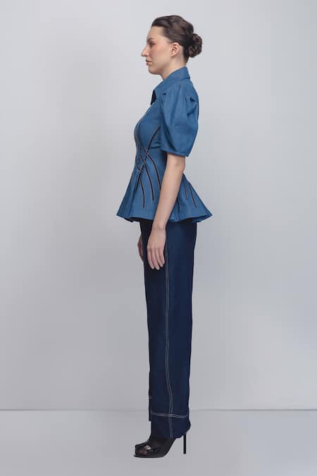 Leh Studios_Blue Cotton Collared Spirale Denim Top _Online_at_Aza_Fashions