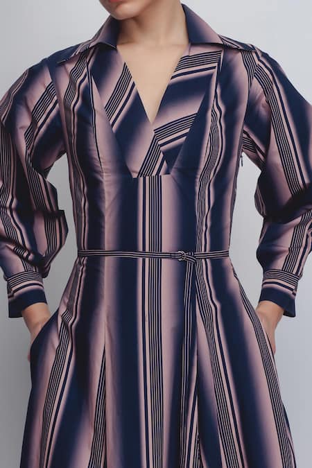 Buy_Leh Studios_Pink Cotton V-neck, Collared Isla Stripe Print Dress _Online_at_Aza_Fashions