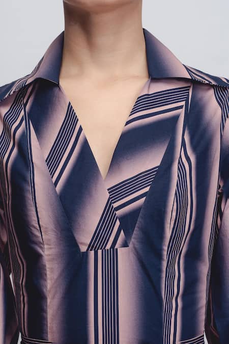 Leh Studios_Pink Cotton V-neck, Collared Isla Stripe Print Dress _at_Aza_Fashions