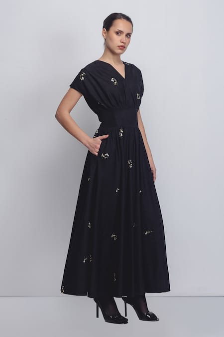Leh Studios_Black Linen Embroidery V-neck Sae Dress _Online_at_Aza_Fashions