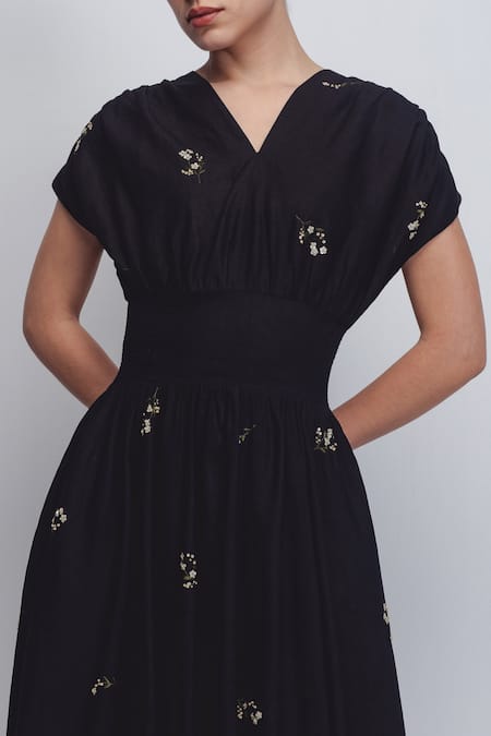 Buy_Leh Studios_Black Linen Embroidery V-neck Sae Dress _Online_at_Aza_Fashions