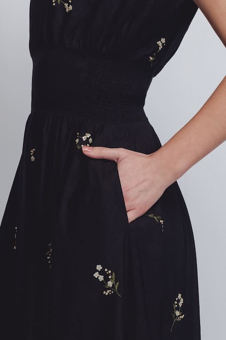 Shop_Leh Studios_Black Linen Embroidery V-neck Sae Dress _Online_at_Aza_Fashions