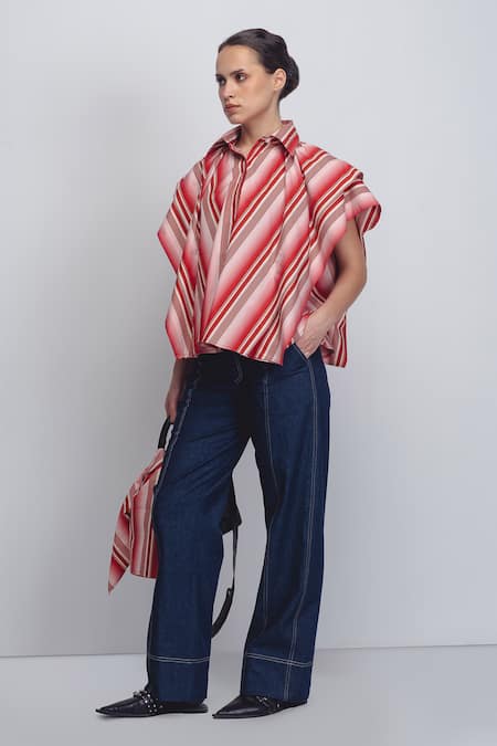 Leh Studios_White Cotton Collared Tako Stripe Print Top _Online_at_Aza_Fashions