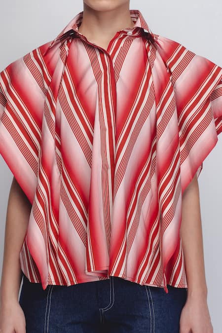 Shop_Leh Studios_White Cotton Collared Tako Stripe Print Top _Online_at_Aza_Fashions