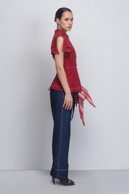 Leh Studios_Red Linen Collared Layered Flap Top _Online_at_Aza_Fashions