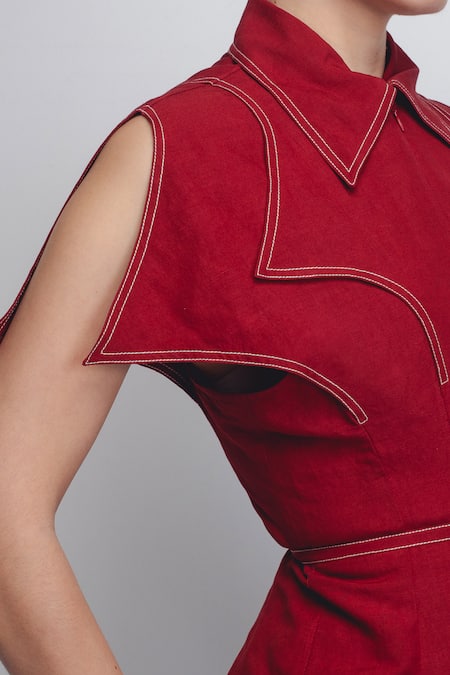 Shop_Leh Studios_Red Linen Collared Layered Flap Top _Online_at_Aza_Fashions
