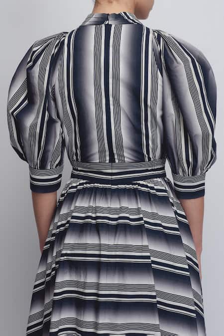 Shop Leh Studios Black Cotton High Neck Celena Stripe Print Dress Online at Aza Fashions Shop_Leh Studios_Black Cotton High Neck Celena Stripe Print Dress _Online_at_Aza_Fashions
