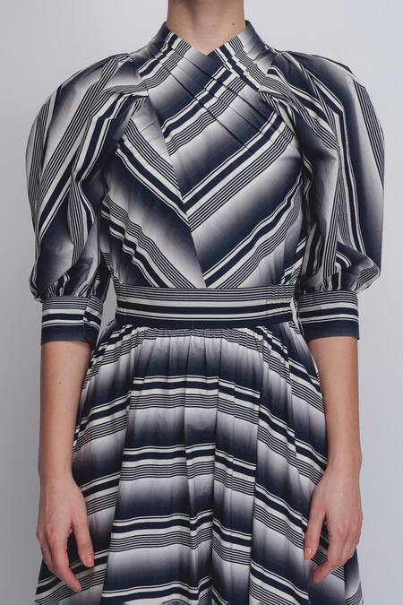 Buy Leh Studios Black Cotton High Neck Celena Stripe Print Dress Buy_Leh Studios_Black Cotton High Neck Celena Stripe Print Dress