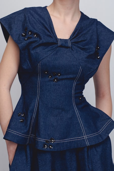 Buy_Leh Studios_Blue Cotton Embroidery, Sequins V-neck Bonnie Top _Online_at_Aza_Fashions