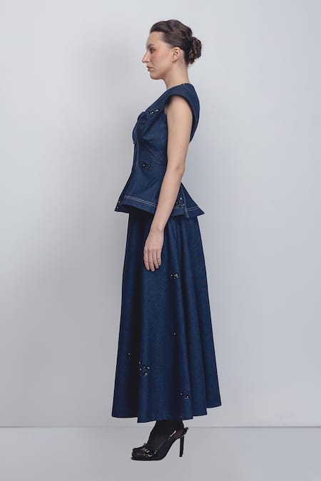 Leh Studios_Blue Cotton Embroidery, Sequins V-neck Bonnie Top _at_Aza_Fashions