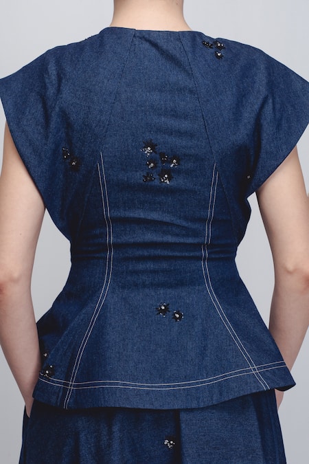 Buy_Leh Studios_Blue Cotton Embroidery, Sequins V-neck Bonnie Top 