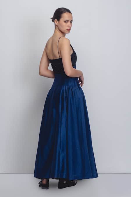 Leh Studios_Black Silk, Cotton Sequins, Lace V-neck Riona Embellished Dress _Online_at_Aza_Fashions