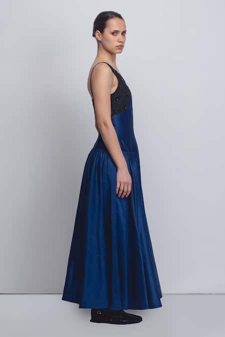 Buy_Leh Studios_Black Silk, Cotton Sequins, Lace V-neck Riona Embellished Dress _Online_at_Aza_Fashions