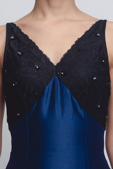 Leh Studios_Black Silk, Cotton Sequins, Lace V-neck Riona Embellished Dress _at_Aza_Fashions