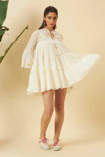 Shop_Nikasha_Ivory Cotton Embroidery Keyhole Neck Mini Tiered Dress _Online_at_Aza_Fashions