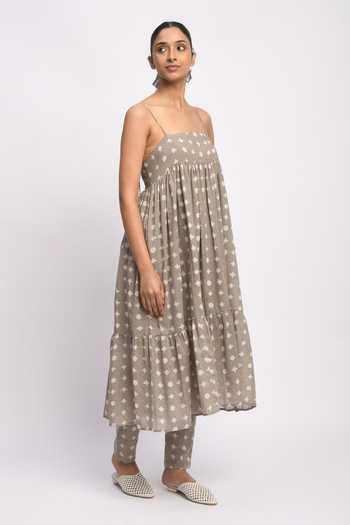 Buy_Jayati Goenka_Grey Cotton Tassels Square Neck Strappy Kashish Printed Anarkali And Pant Set _Online_at_Aza_Fashions
