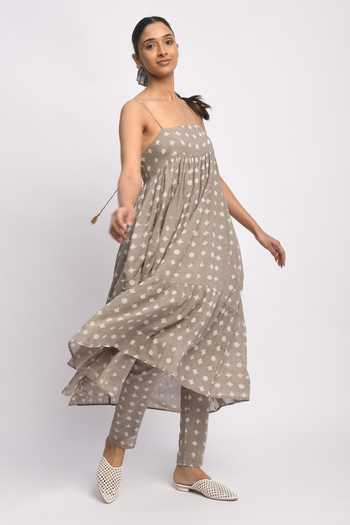 Shop_Jayati Goenka_Grey Cotton Tassels Square Neck Strappy Kashish Printed Anarkali And Pant Set _Online_at_Aza_Fashions