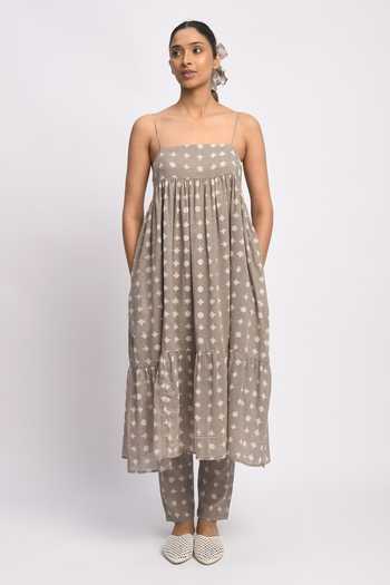 Jayati Goenka_Grey Cotton Tassels Square Neck Strappy Kashish Printed Anarkali And Pant Set _at_Aza_Fashions