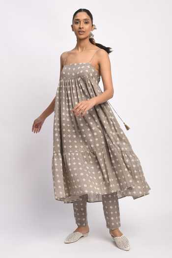 Shop_Jayati Goenka_Grey Cotton Tassels Square Neck Strappy Kashish Printed Anarkali And Pant Set 