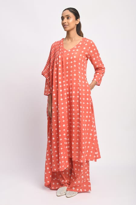 Buy_JAYATI GOENKA_Pink Cotton Smocking V-neck Printed Kurta Set 
