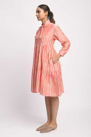 JAYATI GOENKA_Pink Silk, Cotton, Chanderi Tassels Collared City Printed Dress With Shirt _Online_at_Aza_Fashions