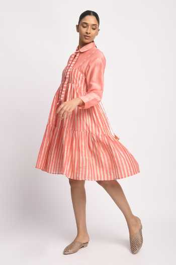 Buy_JAYATI GOENKA_Pink Silk, Cotton, Chanderi Tassels Collared City Printed Dress With Shirt _Online_at_Aza_Fashions