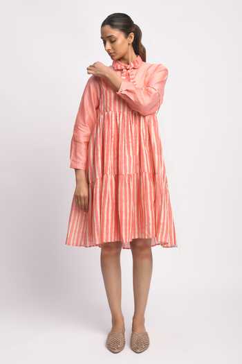 Shop_JAYATI GOENKA_Pink Silk, Cotton, Chanderi Tassels Collared City Printed Dress With Shirt _Online_at_Aza_Fashions