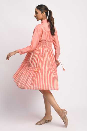 JAYATI GOENKA_Pink Silk, Cotton, Chanderi Tassels Collared City Printed Dress With Shirt _at_Aza_Fashions