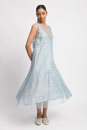 JAYATI GOENKA_Blue Silk, Cotton, , Silk, Mesh Round Neck, Ash Printed Dress _Online_at_Aza_Fashions