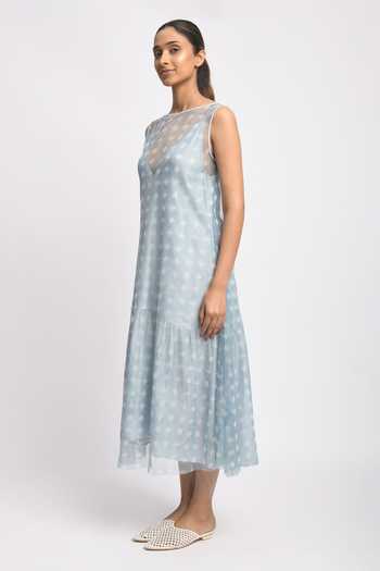 Buy_JAYATI GOENKA_Blue Silk, Cotton, , Silk, Mesh Round Neck, Ash Printed Dress _Online_at_Aza_Fashions