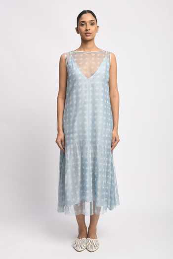 Shop_JAYATI GOENKA_Blue Silk, Cotton, , Silk, Mesh Round Neck, Ash Printed Dress _Online_at_Aza_Fashions