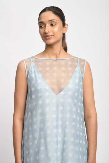 JAYATI GOENKA_Blue Silk, Cotton, , Silk, Mesh Round Neck, Ash Printed Dress _at_Aza_Fashions