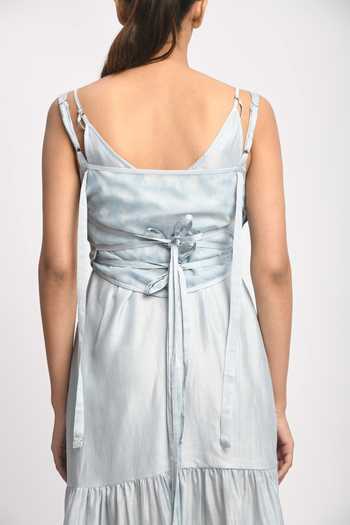 JAYATI GOENKA_Blue Mesh, Cotton, Chanderi Silk Square Neck Ash Tiered Dress With Corset _Online_at_Aza_Fashions