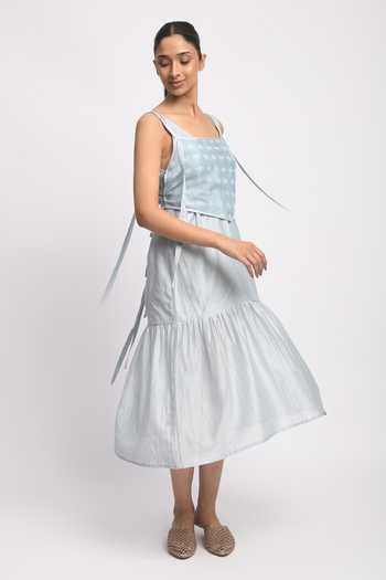 Buy_JAYATI GOENKA_Blue Mesh, Cotton, Chanderi Silk Square Neck Ash Tiered Dress With Corset _Online_at_Aza_Fashions