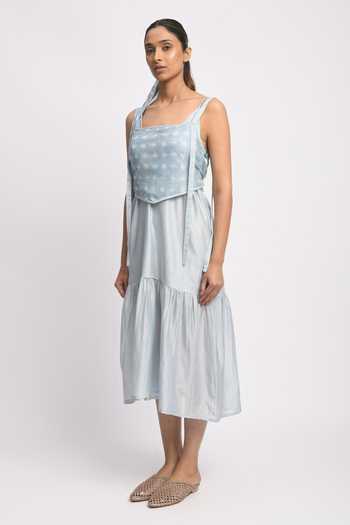 Shop_JAYATI GOENKA_Blue Mesh, Cotton, Chanderi Silk Square Neck Ash Tiered Dress With Corset _Online_at_Aza_Fashions