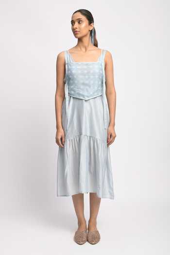 JAYATI GOENKA_Blue Mesh, Cotton, Chanderi Silk Square Neck Ash Tiered Dress With Corset _at_Aza_Fashions