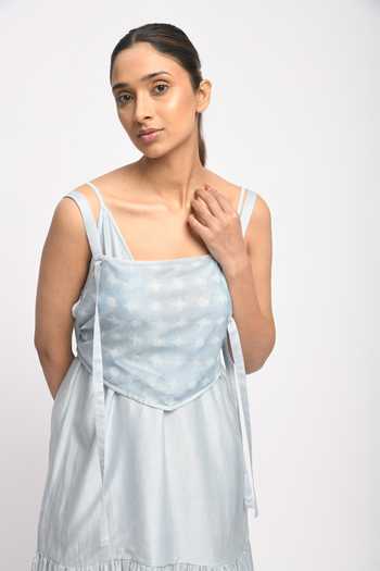 Buy_JAYATI GOENKA_Blue Mesh, Cotton, Chanderi Silk Square Neck Ash Tiered Dress With Corset 