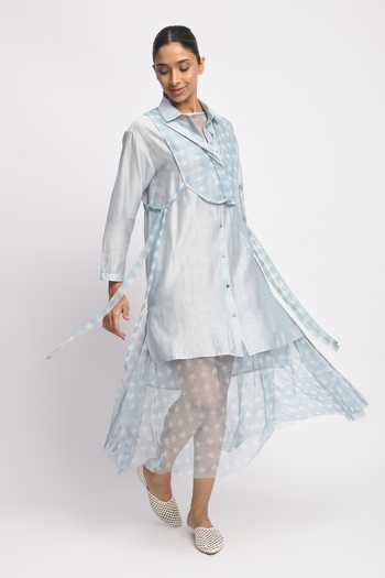 JAYATI GOENKA_Blue Cotton, Chanderi Silk, Mesh Collared Float Cord Layered Dress With Shirt _Online_at_Aza_Fashions