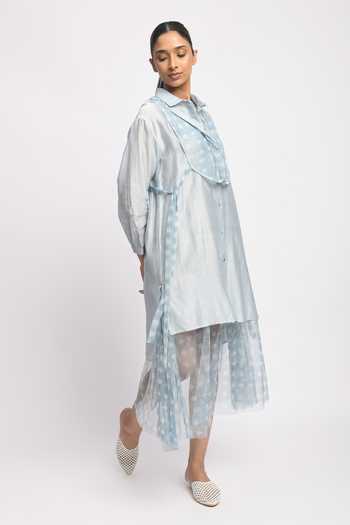 JAYATI GOENKA_Blue Cotton, Chanderi Silk, Mesh Collared Float Cord Layered Dress With Shirt _at_Aza_Fashions
