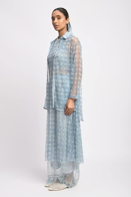JAYATI GOENKA_Blue Cotton, Chanderi Silk, Mesh Collared Drift Cord Printed Kurta Set _Online_at_Aza_Fashions